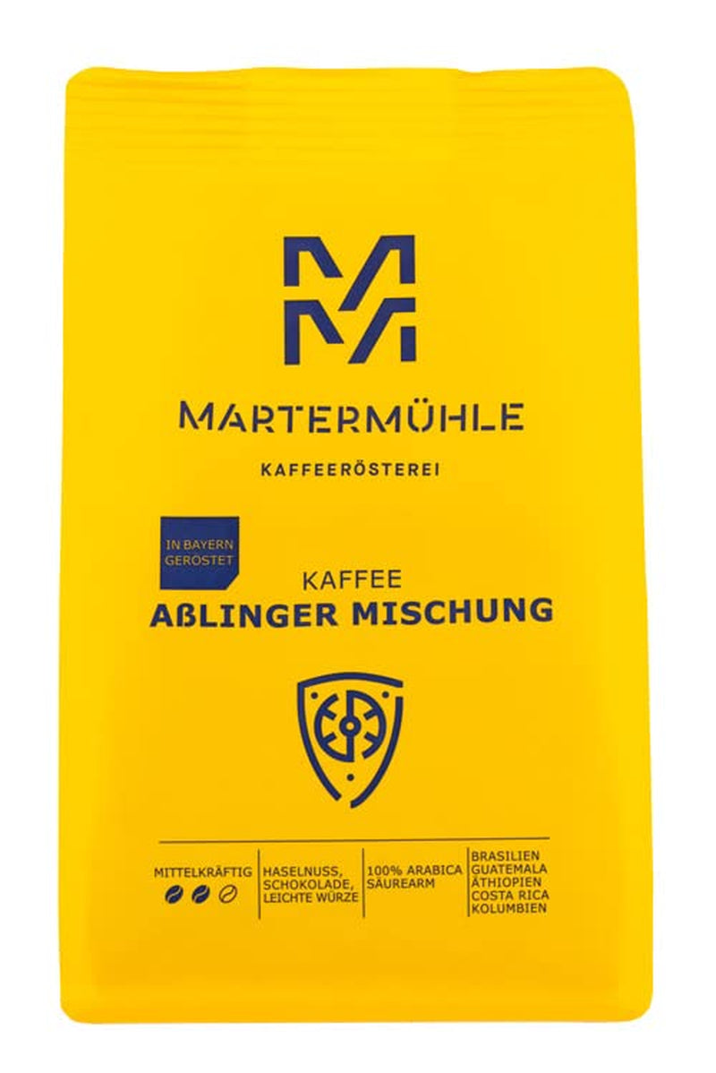 Martermühle Aßlinger Mischung Kaffeebohnen 1kg I Arabica I Aromen: Haselnuss, Leichte Würze, Schokolade I Ganze Kaffee-Bohnen schonend geröstet, säurearm