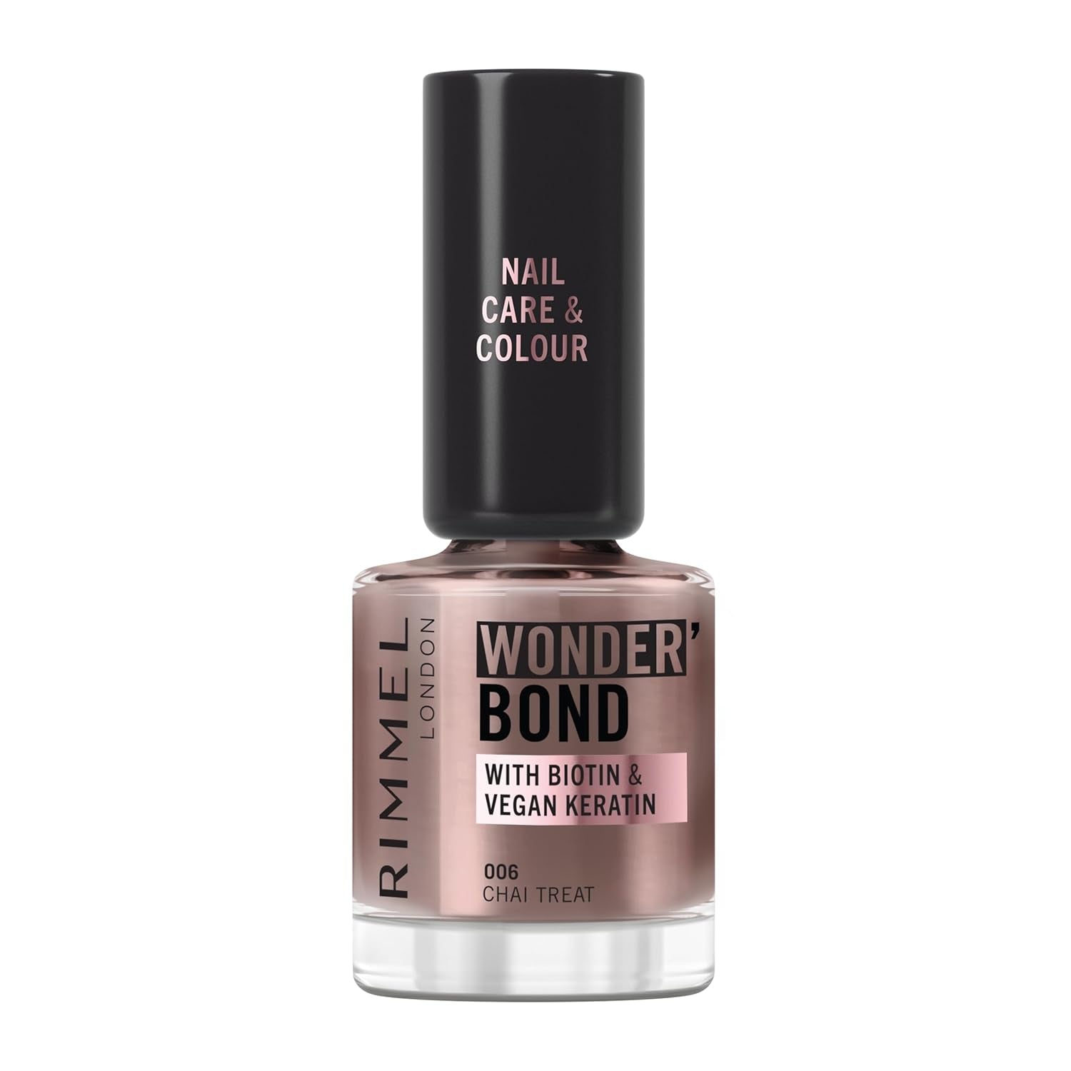 Esmalte de uñas Rimmel Wonder'bond Care+Color, 006 Chai Treat, regenera las uñas, con biotina y queratina vegana, modular, 12 ml