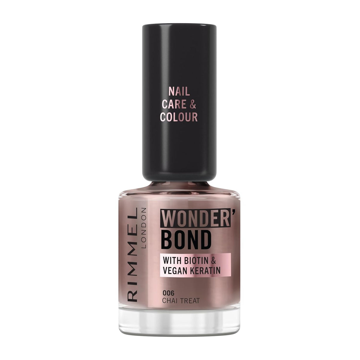 Esmalte de uñas Rimmel Wonder'bond Care+Color, 006 Chai Treat, regenera las uñas, con biotina y queratina vegana, modular, 12 ml