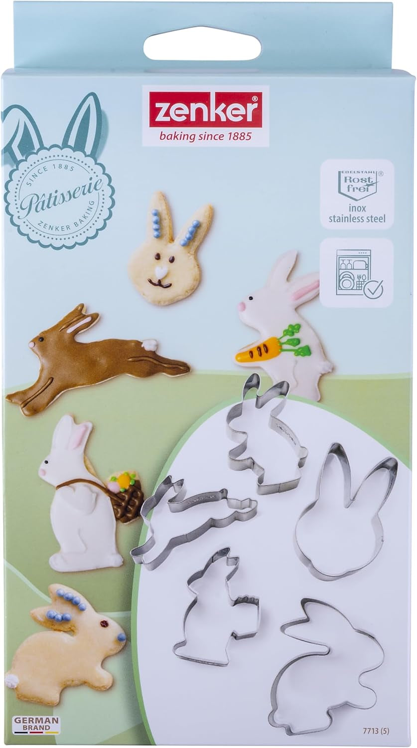 Set de 5 forme de biscuiți cu iepuraș de Paște, forme de biscuiți, forme de biscuiți și fondant, forme de biscuiți din oțel inoxidabil de înaltă calitate, ajutor de bucătărie, culoare: argintiu