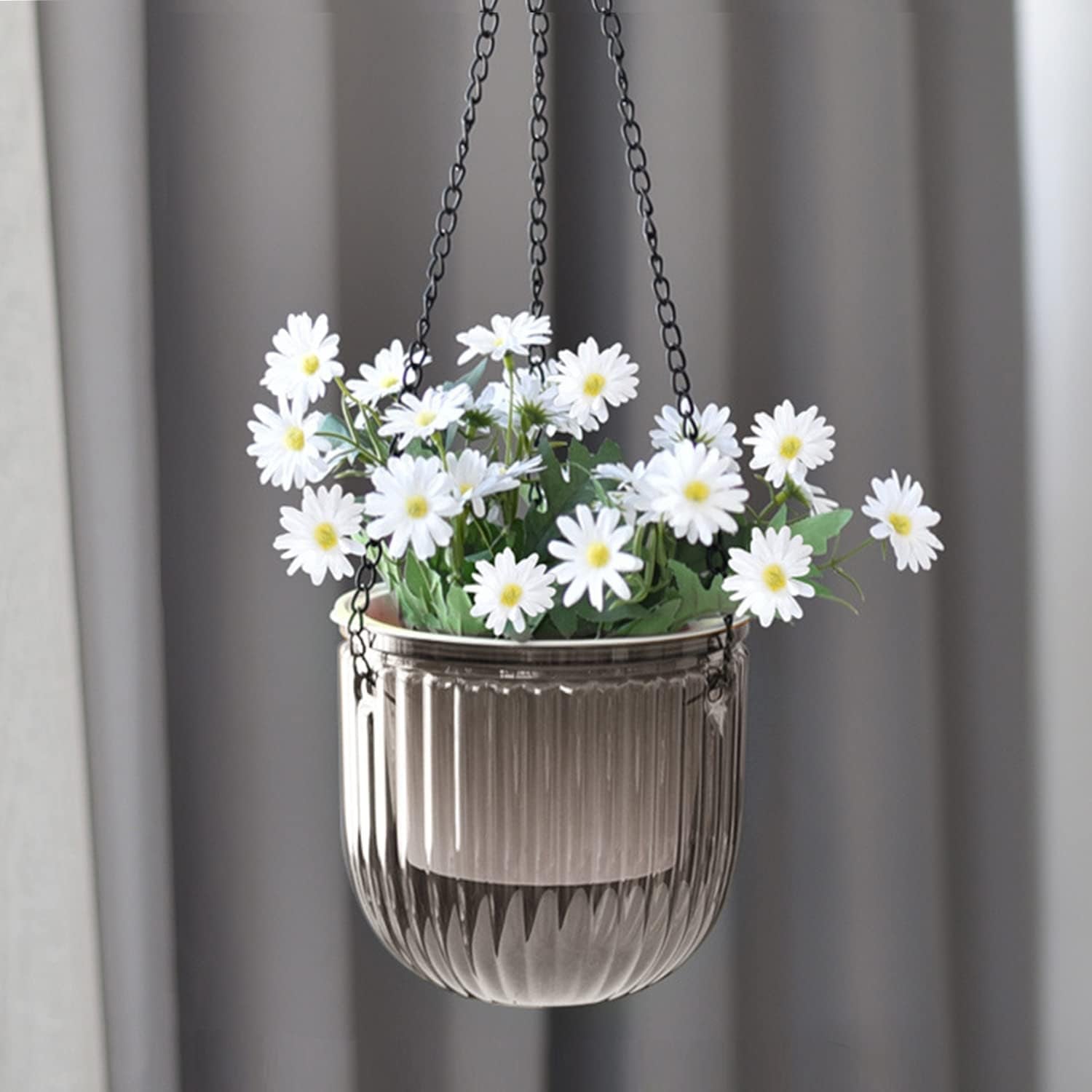 Set de 2 jardiniere suspendate cu auto-udare, ghivece de flori suspendate de interior de 16,5 cm cu 3 cârlige și găuri de drenaj pentru utilizare în interior și exterior, tavane, balcoane și decorațiuni de perete (gri)