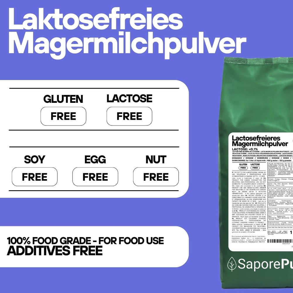 Laktosefreies Magermilchpulver 1 kg | Hohe Löslichkeit | Ideal para repostería, pan y alimentación Uso profesional e industrial Sin lactosa Sin gluten