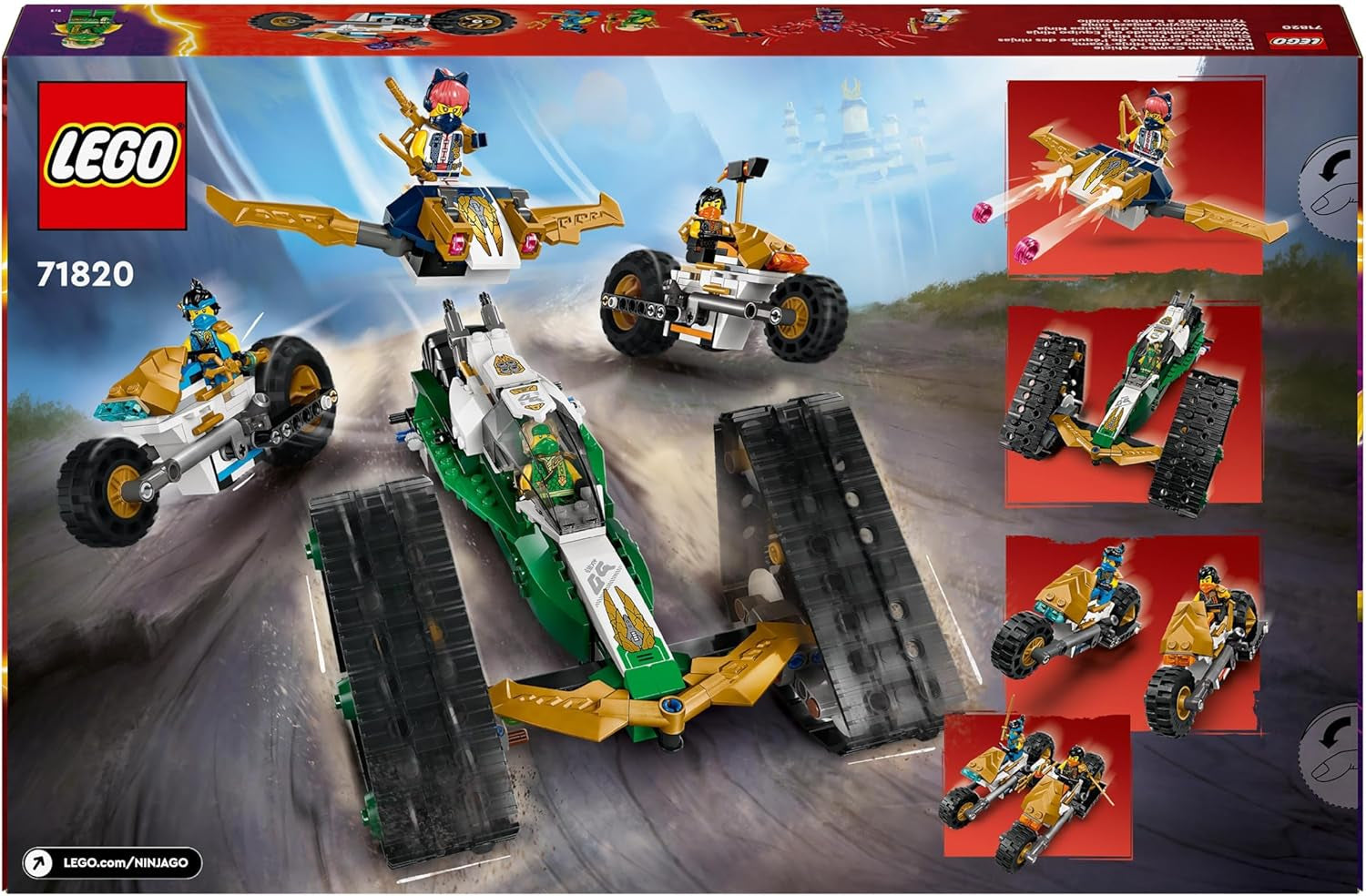 LEGO NINJAGO Ninja Team Combi Caterpillar, set 4 în 1 cu planor, mașină de curse și 2 motociclete și 6 minifigurine, cadou pentru băieți și fete, jucărie Ninja 71820 Seturi de constructie Besuche den LEGO-Store