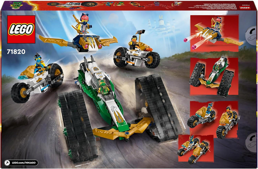 LEGO NINJAGO Ninja Team Combi Caterpillar, set 4 în 1 cu planor, mașină de curse și 2 motociclete și 6 minifigurine, cadou pentru băieți și fete, jucărie Ninja 71820 Seturi de constructie Besuche den LEGO-Store