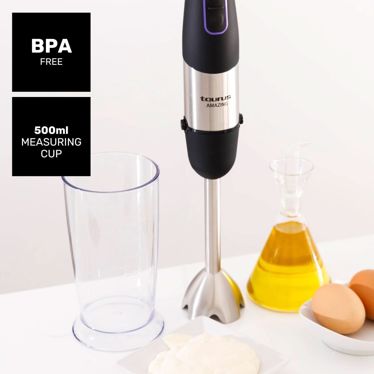 Batidora de Pie Taurus 1000W | 20 Geschwindigkeitstufen | Función turbo | 4 Edelstahlklingen | Diseño ergonómico suave al tacto | Spritzchutz | Accesorios | Edelstahl | Elektrisch |Kunststoff, Silber/Schwarz Tienda Madre e Hijo Naty