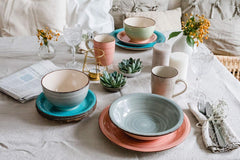 Set de veselă MÄSER pentru 6 persoane, aspect vintage modern, serviciu de masă cu 12 piese, pictat manual, albastru, gresie, albastru fumuriu (Bel Tempo II)