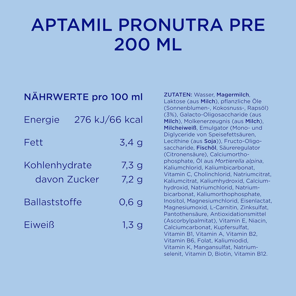 Aptamil Pronutra Pre - Fórmula infantil desde el nacimiento - Con aceites vegetales, sin aceite de palma - 6 x 4 x 200 ml (4800 ml)