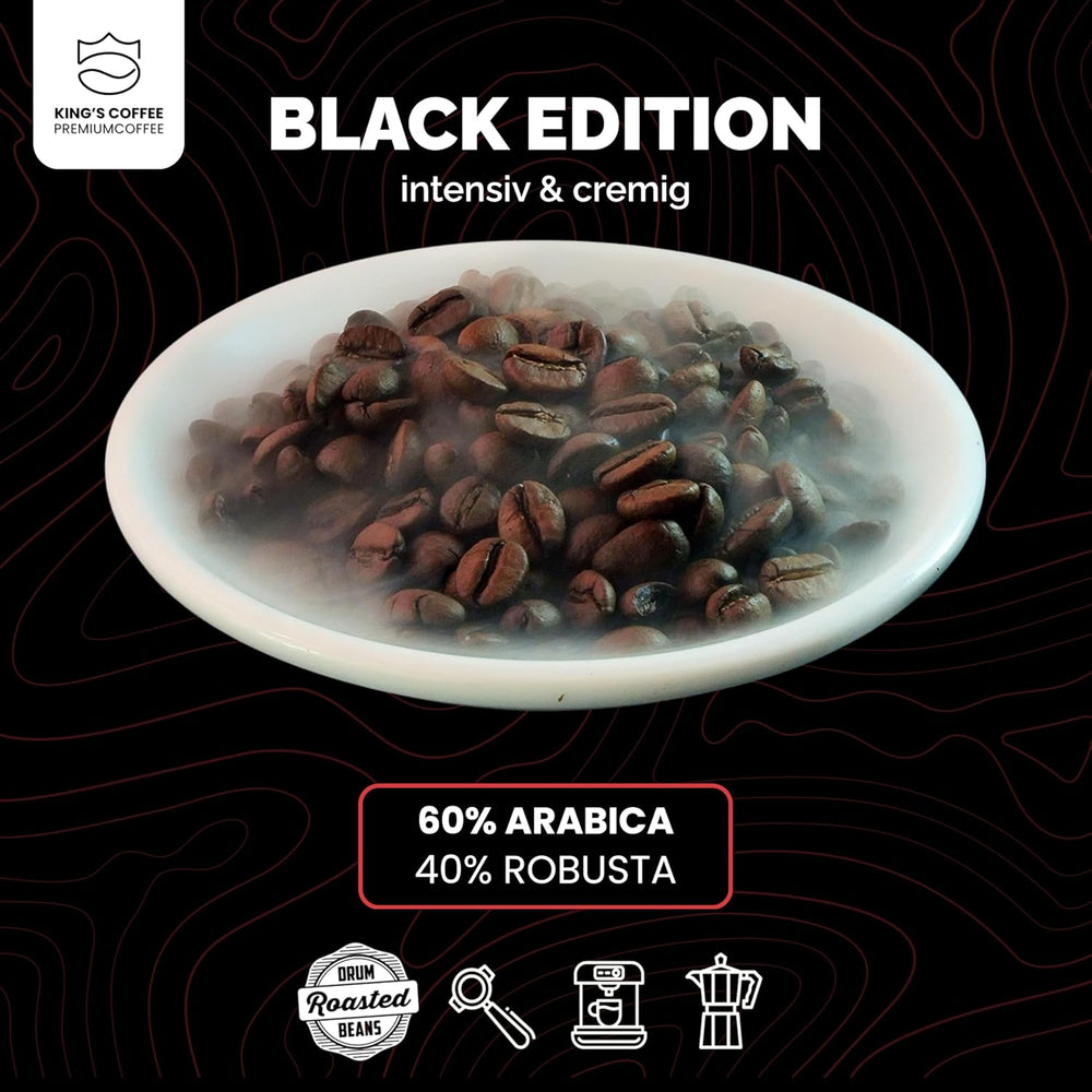 KING'S COFFEE - EDIȚIE NEAGRĂ - 1 kg Boabe de Cafea Crema Intense - Cafea cu Aciditate Scăzută - Prăjire în Loturi Mici din Italia - Boabe de Espresso Arabica Puternic (Amestec) pentru Aparate Complet Automate și Portafiltru