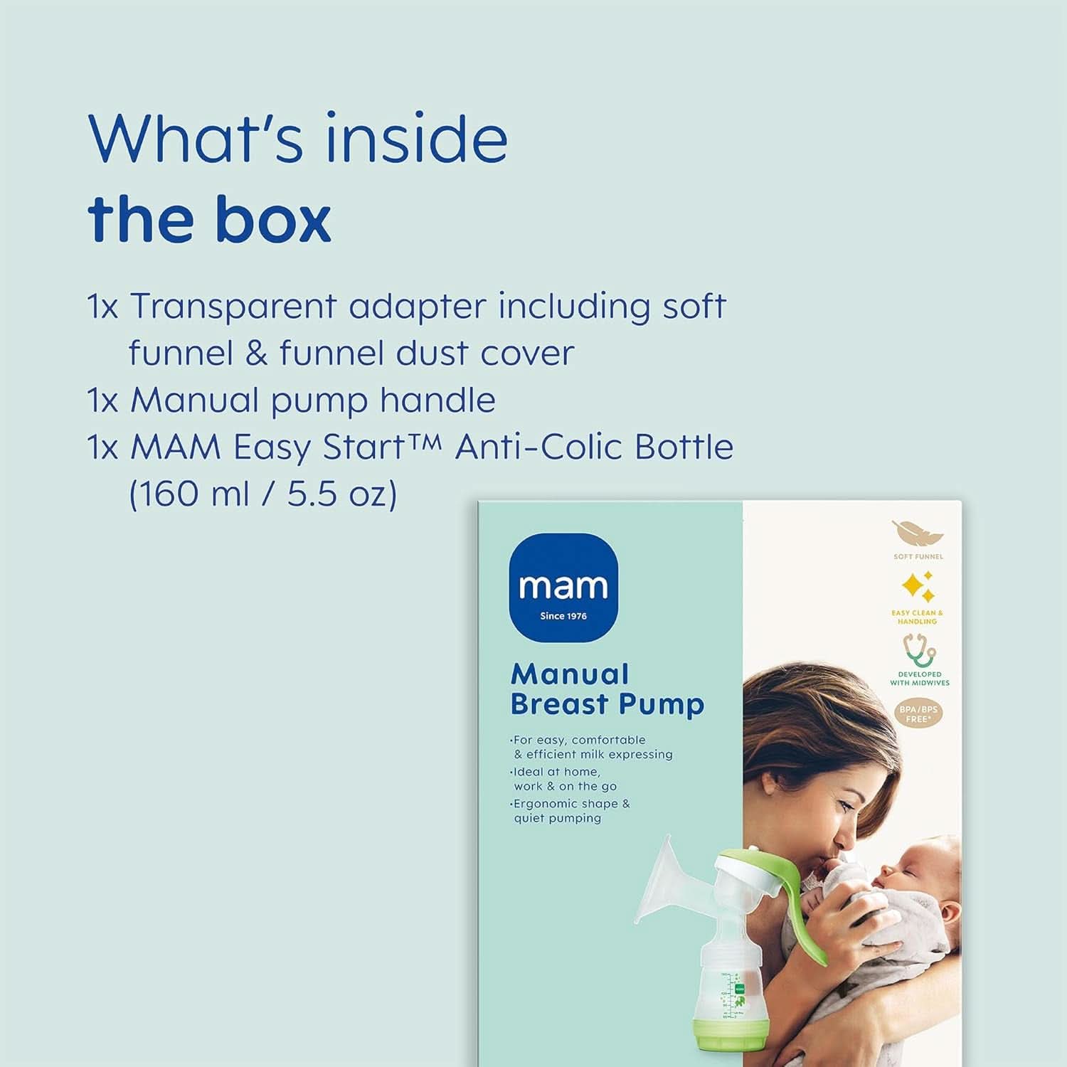 Sacaleches de mano MAM - Extractor de leche cómodo y compacto para leche materna que incluye 1 biberón anticólicos MAM Easy Start Accesorios Alimentación y Lactancia Bebe Naty Shop