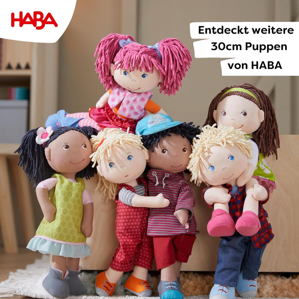 HABA Puppe AVA – Stoffpuppe für Kinder ab 18 Monaten, 30 cm, weicher Körper & pflegeleicht, Gesicht gestickt, Kleidung mit Klettverschluss – 1307196001