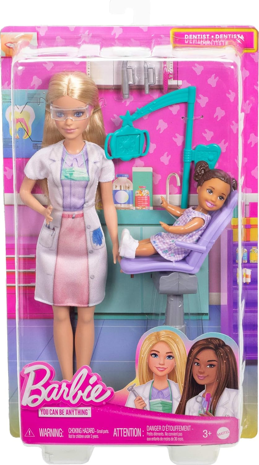 Păpușă Barbie Dentist, Păpușă la modă cu păr blond, rochie albastră și halat de laborator, Păpușă pentru 1 copil, Accesorii de examinare și accesorii asortate, JCR74
