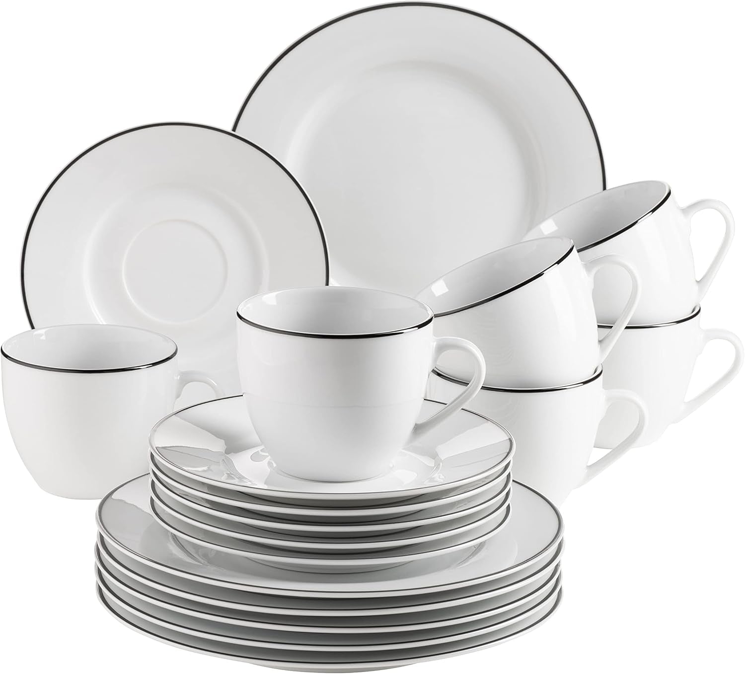 Mäser, seria Nola, serviciu modern de cafea pentru 6 persoane, alb cu margine neagră, set de veselă cu 18 piese, cești de cafea, farfurioare și farfurii de desert - serviciu rotund de cafea, set de cafea, alb