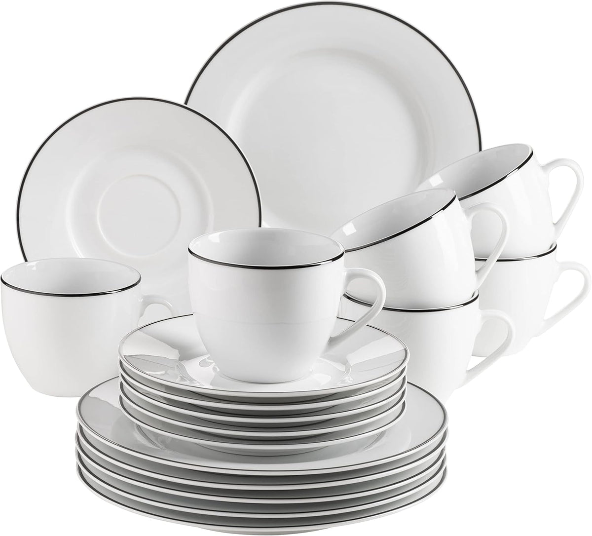 Mäser, seria Nola, serviciu modern de cafea pentru 6 persoane, alb cu margine neagră, set de veselă cu 18 piese, cești de cafea, farfurioare și farfurii de desert - serviciu rotund de cafea, set de cafea, alb