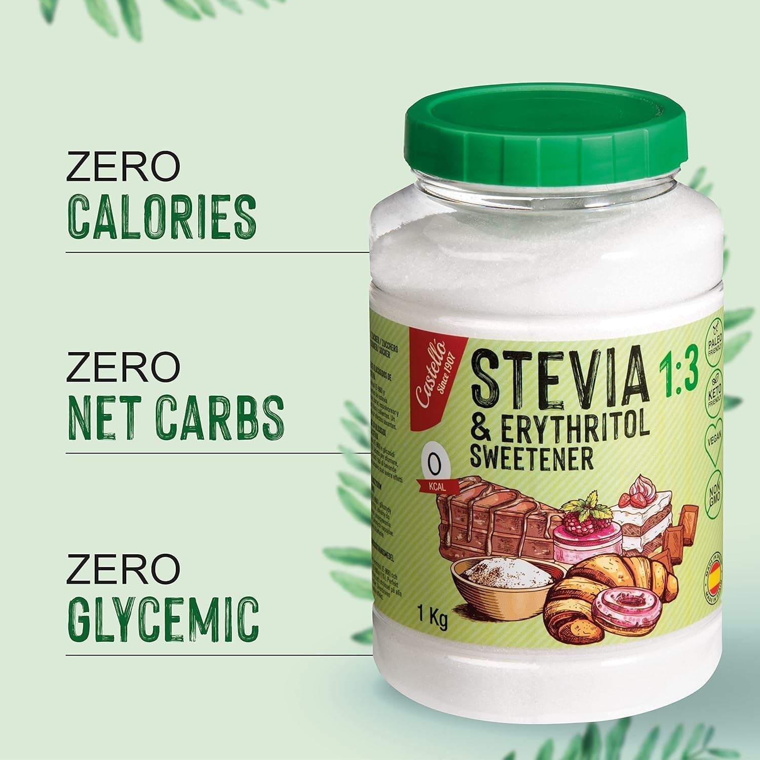 Stevia + Eritritol 1:3 Süßstoff | 1G = 3G Zucker | 100% Natürlicher Zuckerersatz - 0 Kalorien - 0 Glykämischer Index - Keto Und Paleo - 0 Netto-Kohlenhidrato - Kein GVO - Castello since 1907-1 Kg Edulcorantes Naty Shop