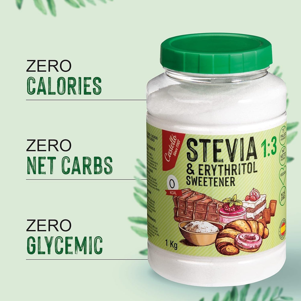 Stevia + Eritritol 1:3 Süßstoff | 1G = 3G Zucker | 100% Natürlicher Zuckerersatz - 0 Kalorien - 0 Glykämischer Index - Keto Und Paleo - 0 Netto-Kohlenhidrato - Kein GVO - Castello since 1907-1 Kg Edulcorantes Naty Shop