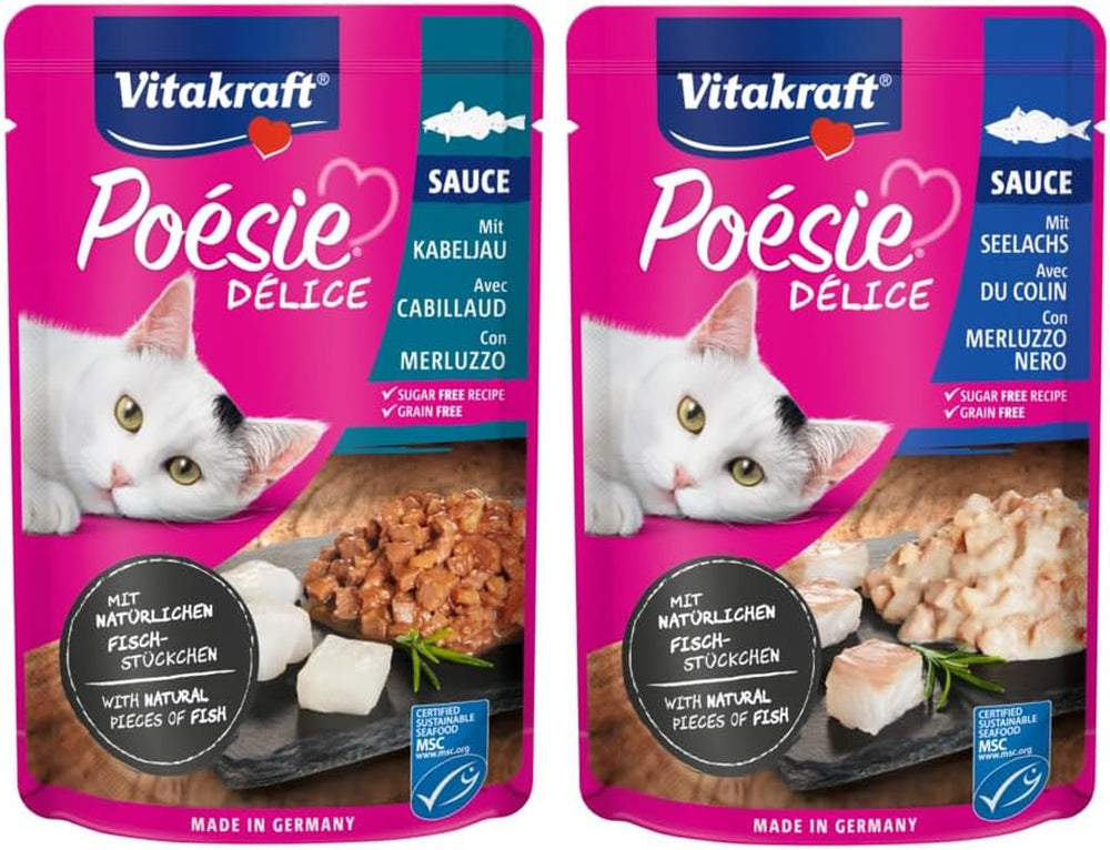 Vitakraft Poésie Délice, Fish Selection, Nassfutter Katze, Katzennassfutter in Sauce, mit Seelachs, mit Kabeljau, ohne Zusatz von Zucker und Getreide (1 Paket mit 6x 85g)
