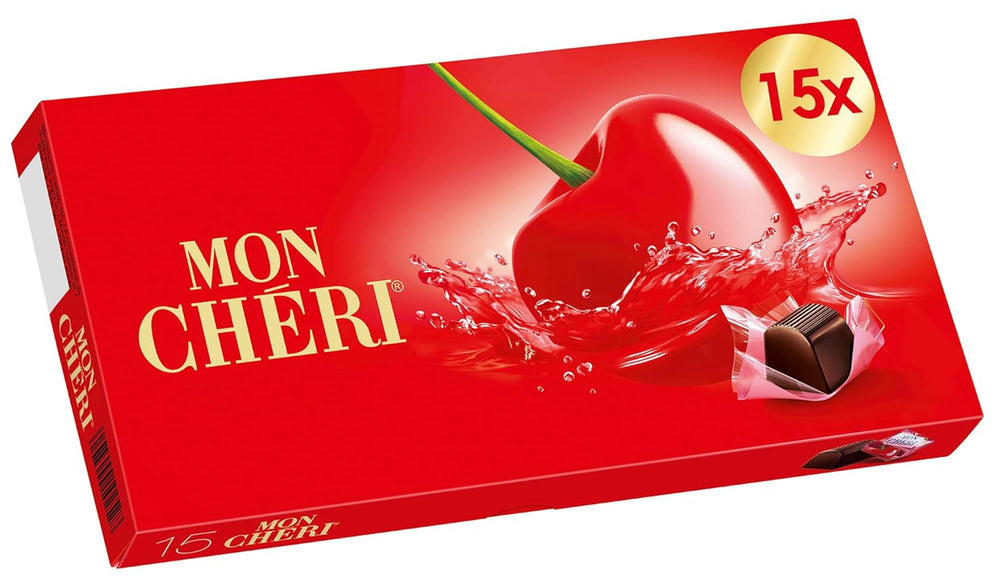 Ferrero Mon Chéri - Chocolate crujiente, licor afrutado y una cereza aromática - Regalo de chocolate de San Valentín para él y para ella - 1 paquete de 15 bombones individuales