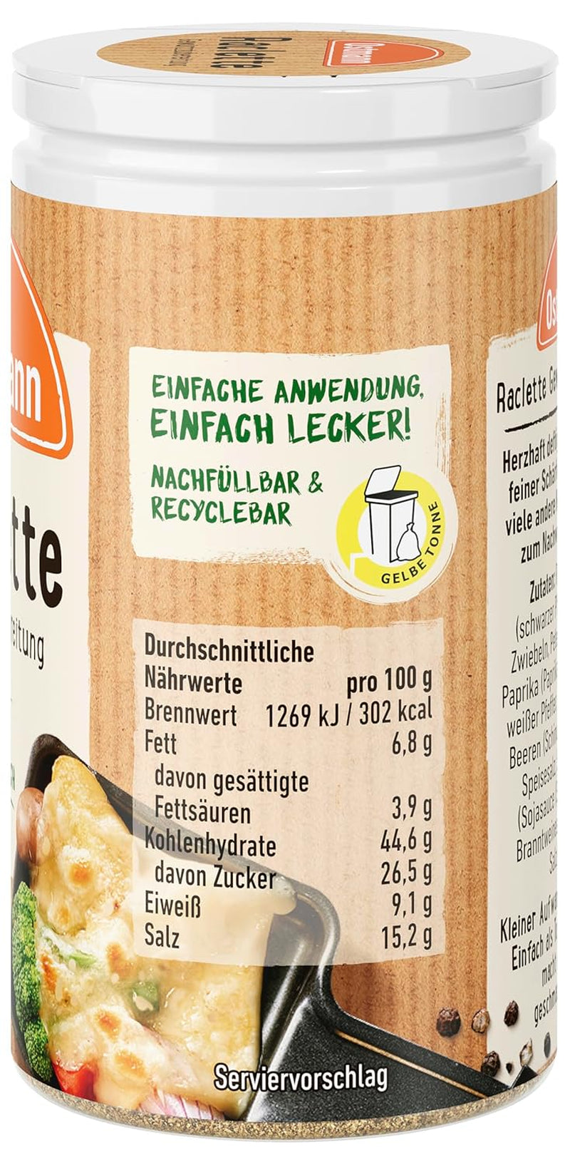Ostmann Gewürze - Raclette Gewürzzubereitung | Zum Würzen von Käsegerichten | Reciclado, nachfüllbare Streudose | 45 g en Streuer