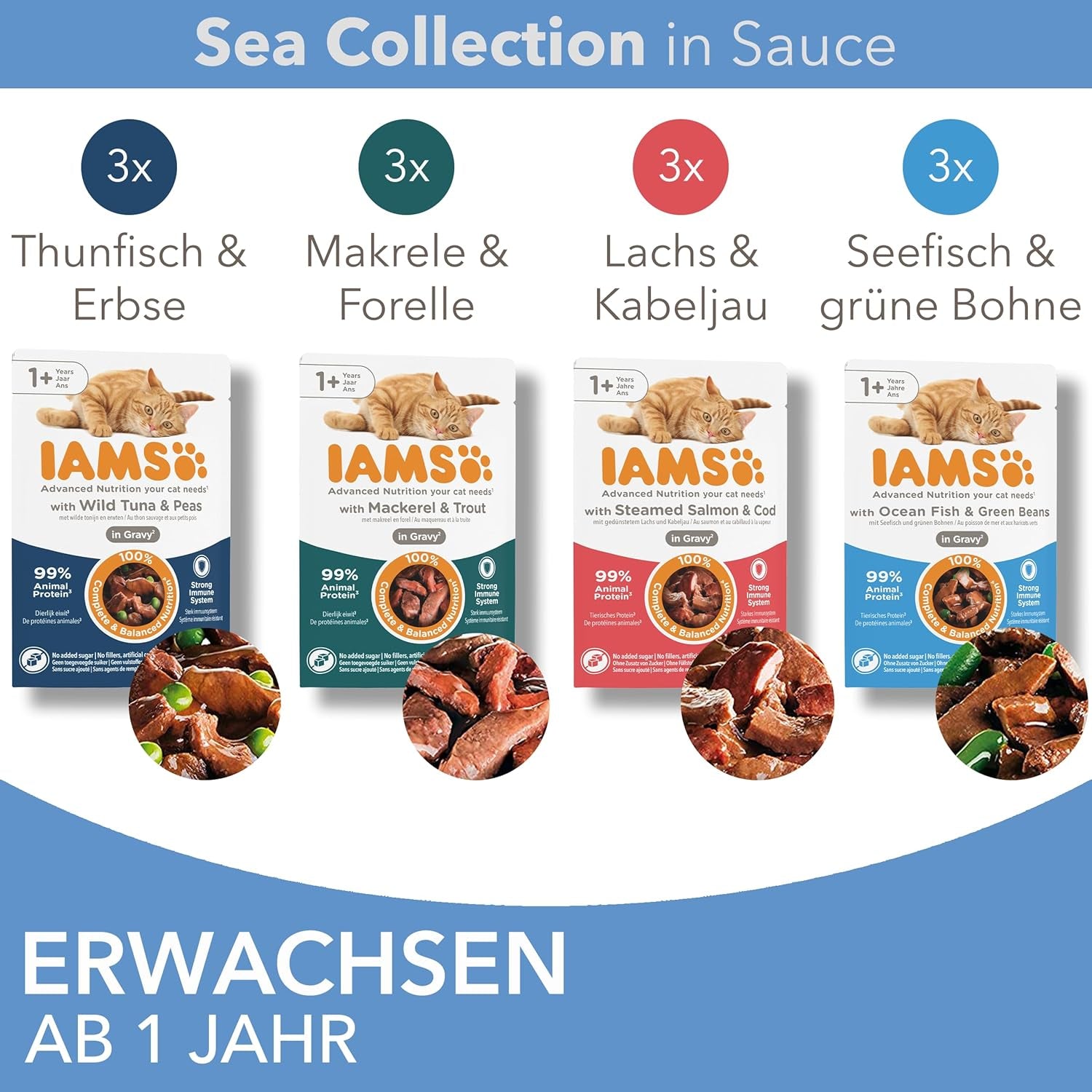 IAMS Delights Sea Collection Katzenfutter Nass - Multipack mit Fisch Sorten (Lachs, Thunfisch, Makrele, Seefisch) in Sauce, Nassfutter für Katzen ab 1 Jahr, 12 x 85g
