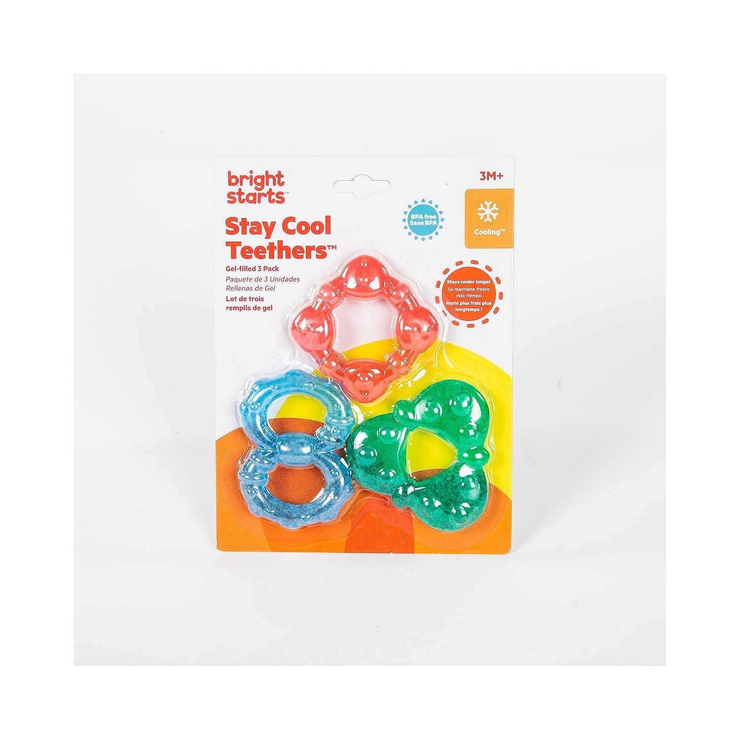 Inele de dentiție Bright Starts Stay Cool, răcoritoare, turcoaz/albastru/roșu, ușor de ținut în mână, tehnologie de răcire de lungă durată, fabricate din silicon, fără BPA