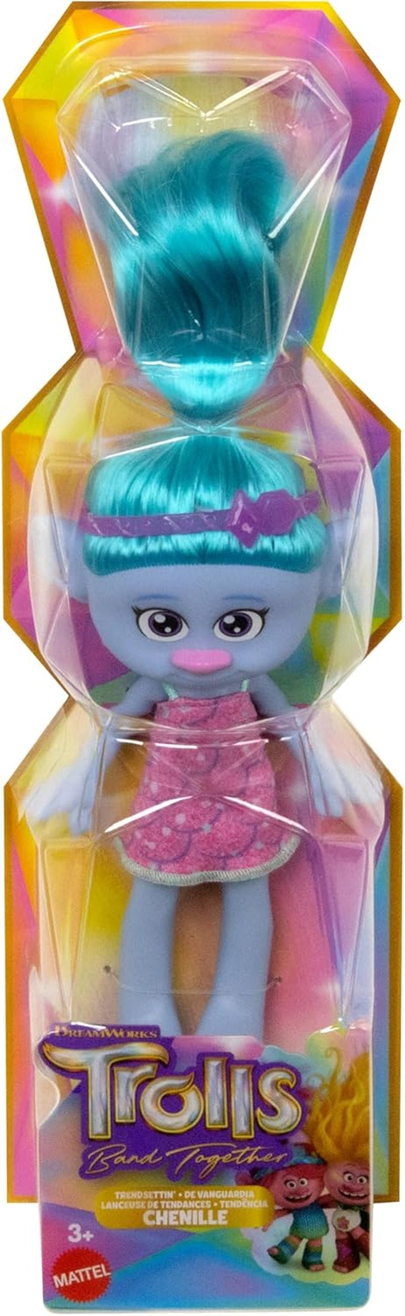 Mattel DREAMWORKS TROLLS Gemeinsam Stark – Haarige Überraschungen Chenille Puppe mit leuchtend blauem Haar zum Stylen, lila Stirnband, para niños de 3 años, HNF15