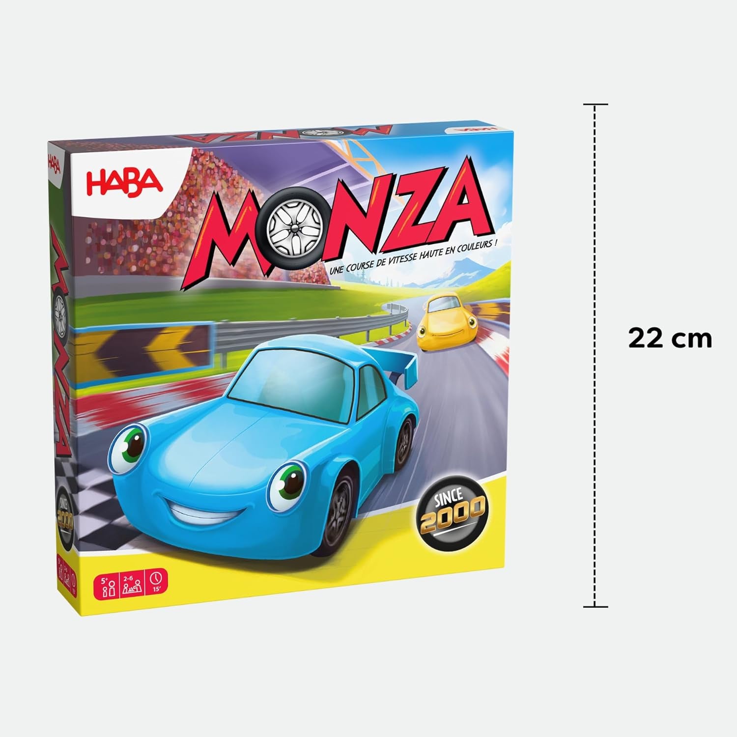 HABA Monza - Juego de mesa rápido y juego de carreras de coches para niños a partir de 5 años - Con 6 coches de madera de colores y dados de colores - 2012226001