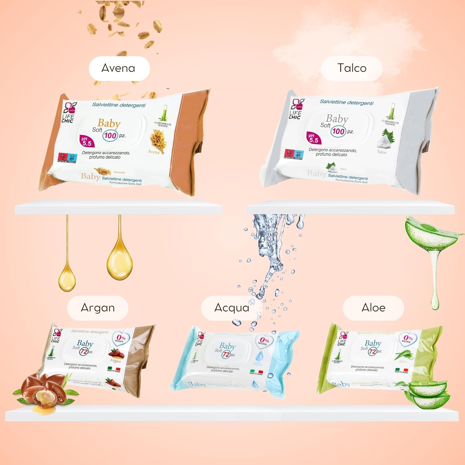 Toallitas para bebés con talco para pieles sensibles, sin alcohol, respetuosas con la piel, pH 5,5, ligeramente perfumadas, 1200 unidades (paquete de 12)