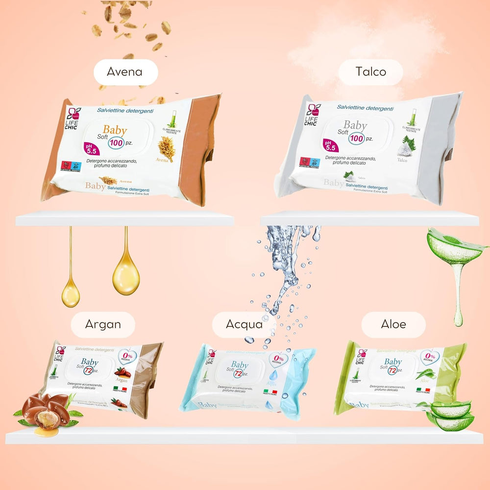 Toallitas para bebés con talco para pieles sensibles, sin alcohol, respetuosas con la piel, pH 5,5, ligeramente perfumadas, 1200 unidades (paquete de 12)