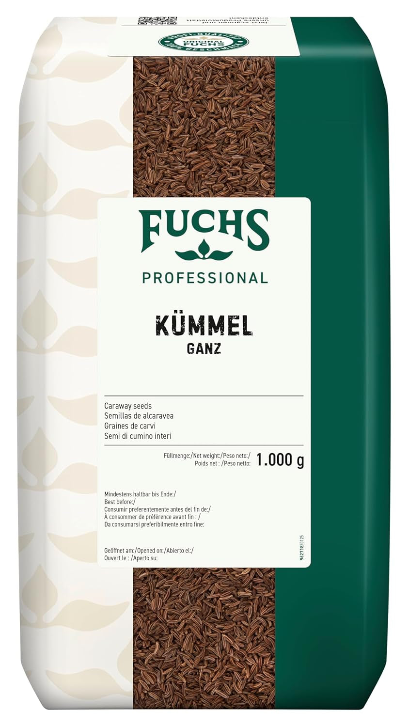 Fuchs Professional - Kümmel ganz | Ungemahlen, zum Würzen von Bratkartoffeln oder Krautgerichten | Calidad profesional para grandes empresas gastronómicas y gastronómicas | Bolsa reciclable de 1 kg.