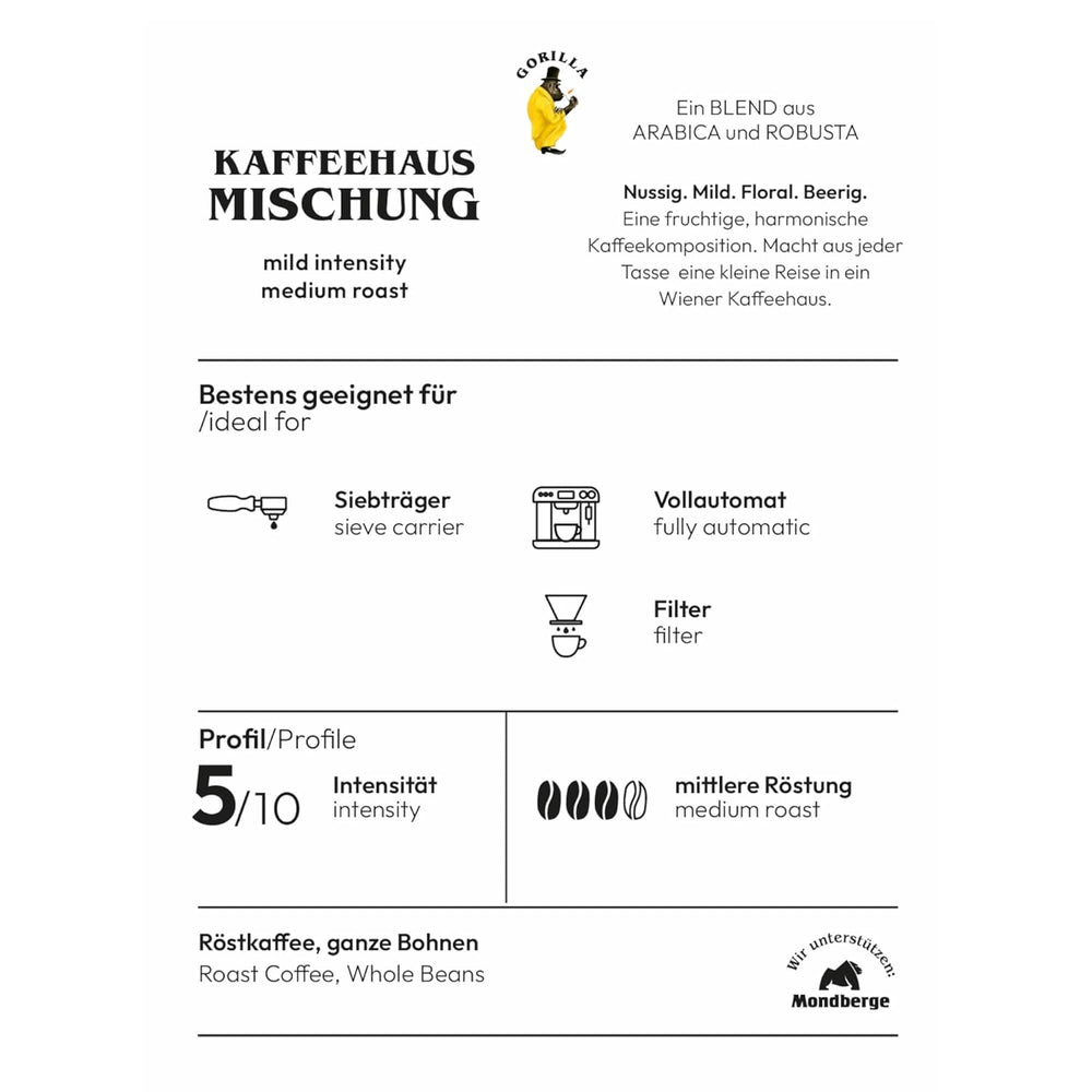 Gorilla Kaffeehaus-Mischung, 3er Vorteilspack (3x 1000g), ganze Kaffeebohnen, Röstkaffee, Caffè