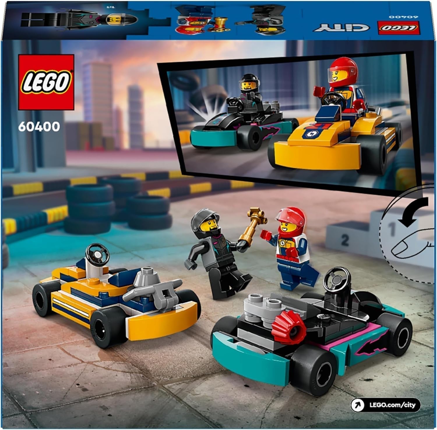LEGO City Karts con conductores, juego de 2 minifiguras de conductores y coches de carreras, coches de juguete para niños y niñas de 5 años, regalo divertido para niños 60400 Juegos de construcción Besuche den LEGO-Store