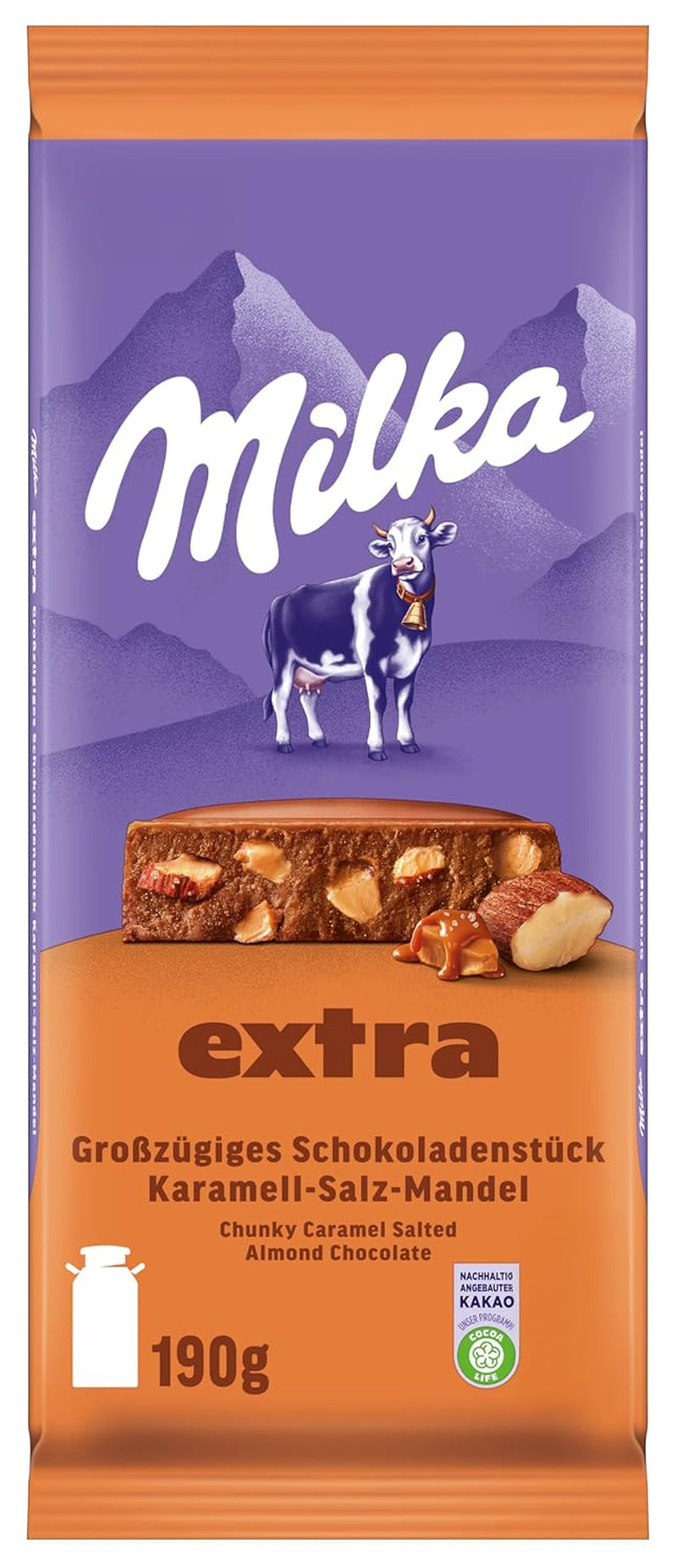 Milka Extra Caramel Salt Almond - Chocolate con leche alpino con trozos de caramelo, almendras y una pizca de sal - 190g