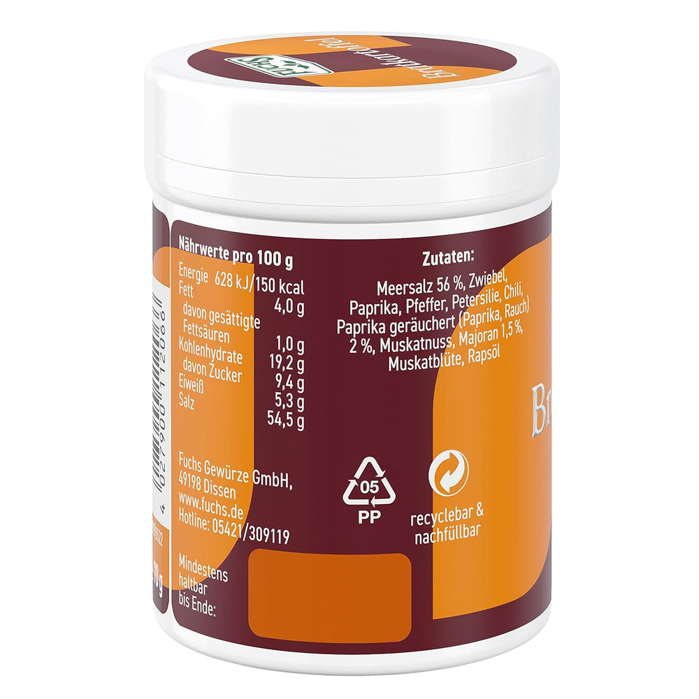 Fuchs Gourmet Selection Klassisch/Heimisch – Bratkartoffel Gewürzsalz, nachfüllbares Kartoffel Gewürz, Salz zum Würzen von Brat- & Ofenkartoffeln, Pommes Frites & Co, vegano, 70 g