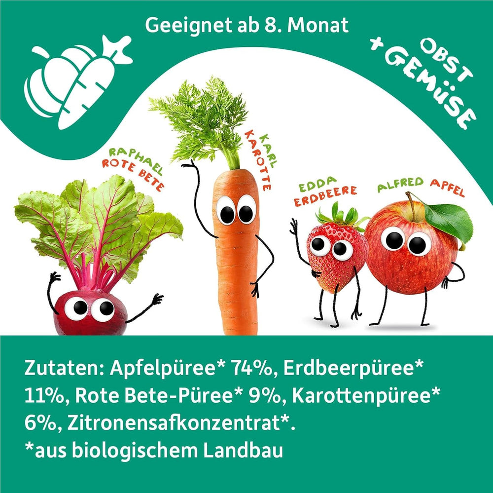 FRECHE FREUNDE Pungă de fructe bio, compresibilă, cu mere, căpșuni, sfeclă roșie și morcov, piure de fructe cu legume într-o pungă compresibilă pentru bebeluși de la 6 luni, vegan, pachet de 6 (6 x 100g)