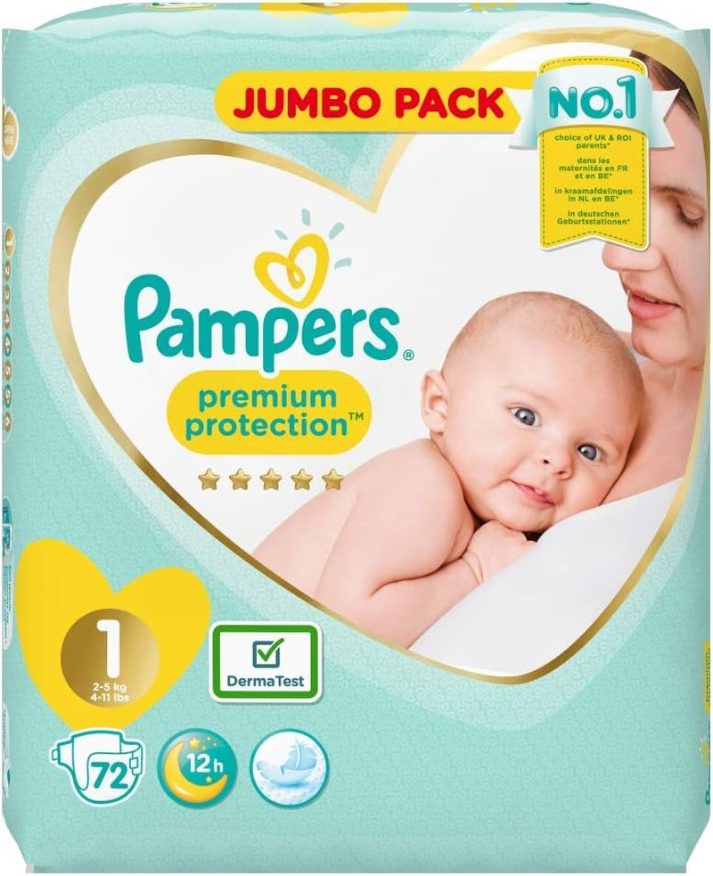 Pampers Pañales Premium Protection para recién nacidos, paquete Jumbo, talla 1, 72 piezas