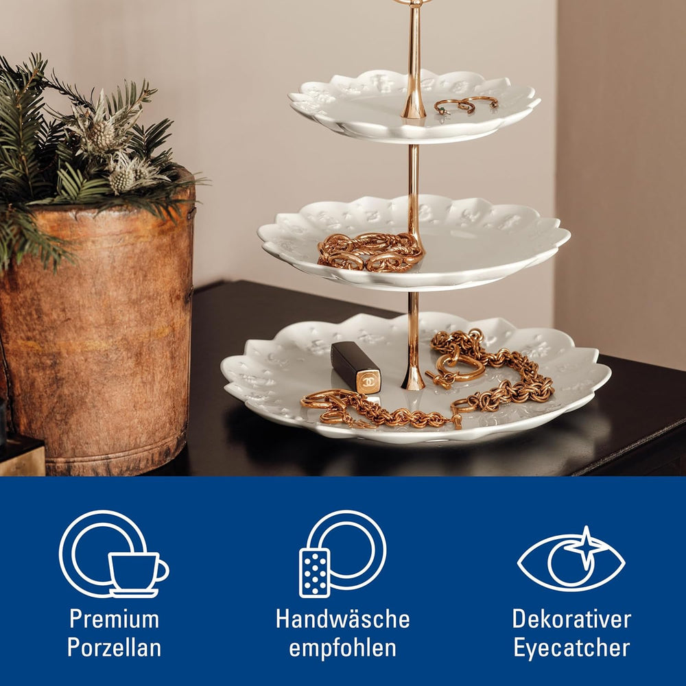 Etajeră Villeroy & Boch Toys Delight Royal Classic, suport decorativ pe niveluri pentru fursecuri, produse de patiserie și bucăți mici de prăjitură, din porțelan premium, alb