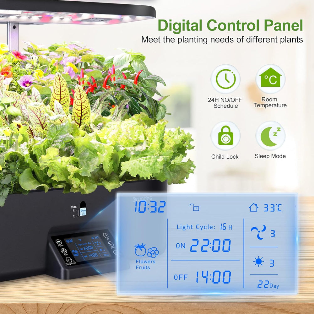 Sistema de cultivo hidropónico para interiores con configuración de programación de iluminación inteligente, macetas de jardín de hierbas con luz de espectro completo, 17 cápsulas, negro