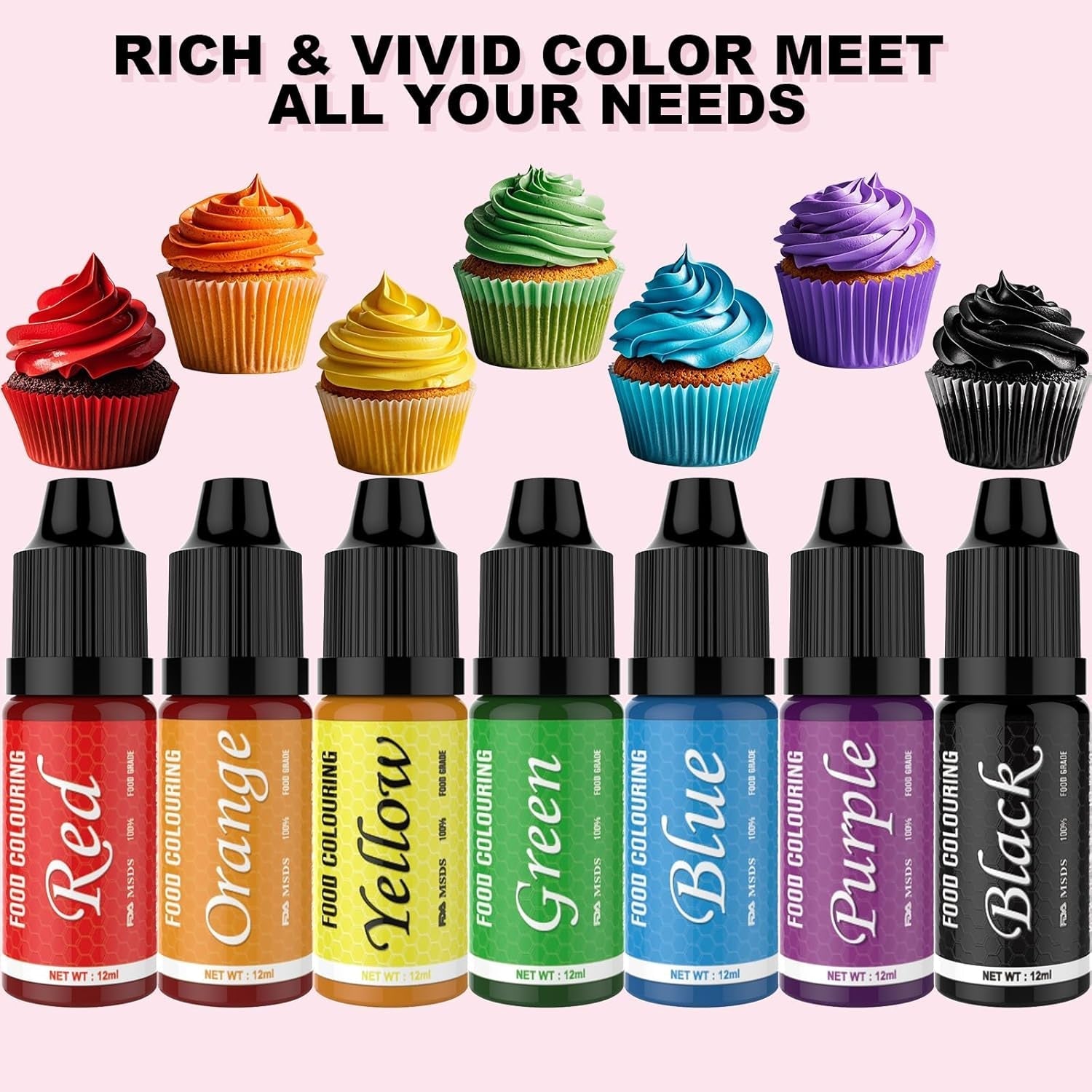Colorant alimentar - Set de 7 coloranți alimentari de 12 ml pentru copt torturi - Colorant alimentar vibrant pentru decorarea torturilor, slime DIY, realizarea de slime