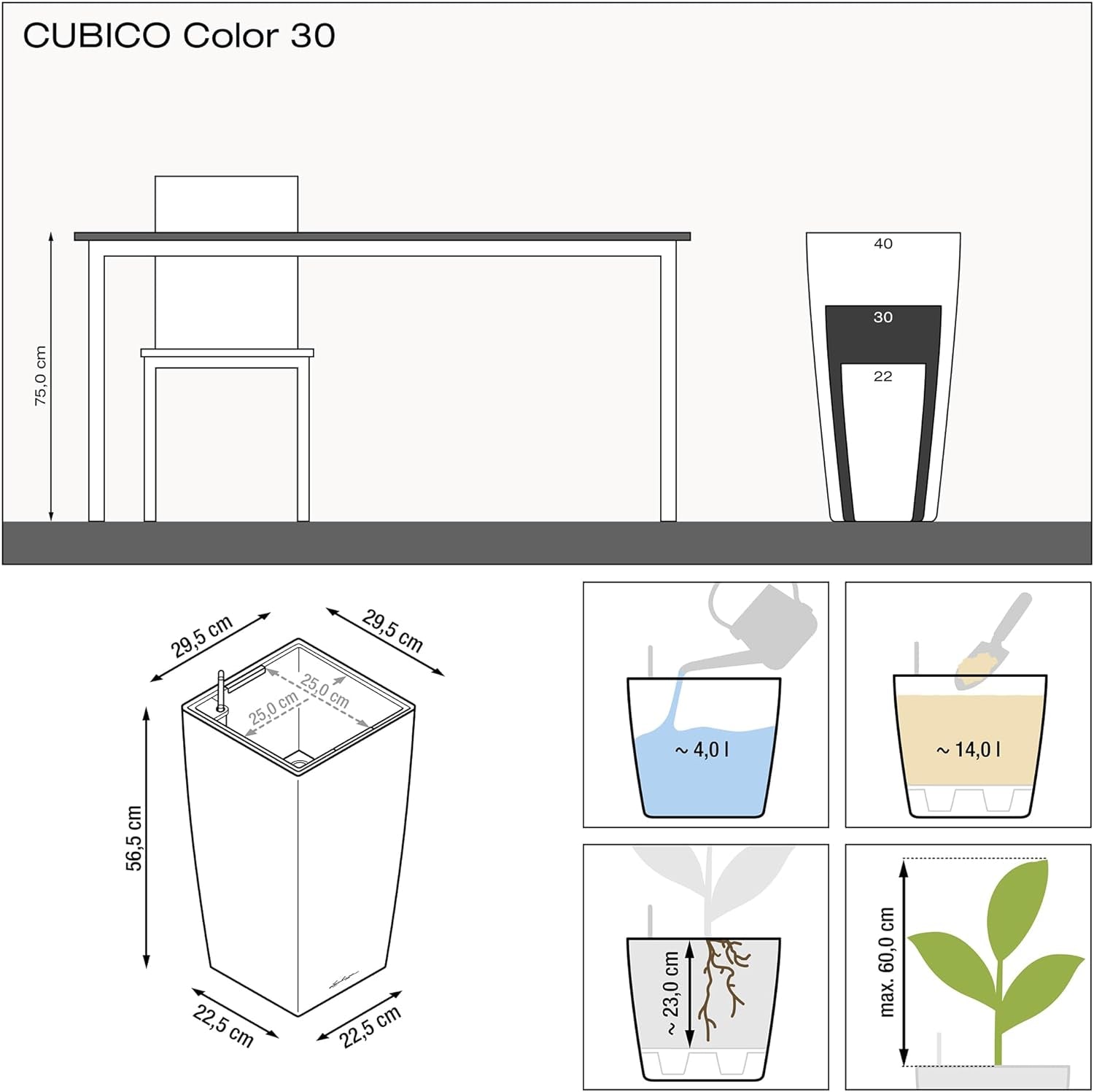 LECHUZA CUBICO Culoare 30 gri ardezie 13138, 29,5x29,5x56,5 cm