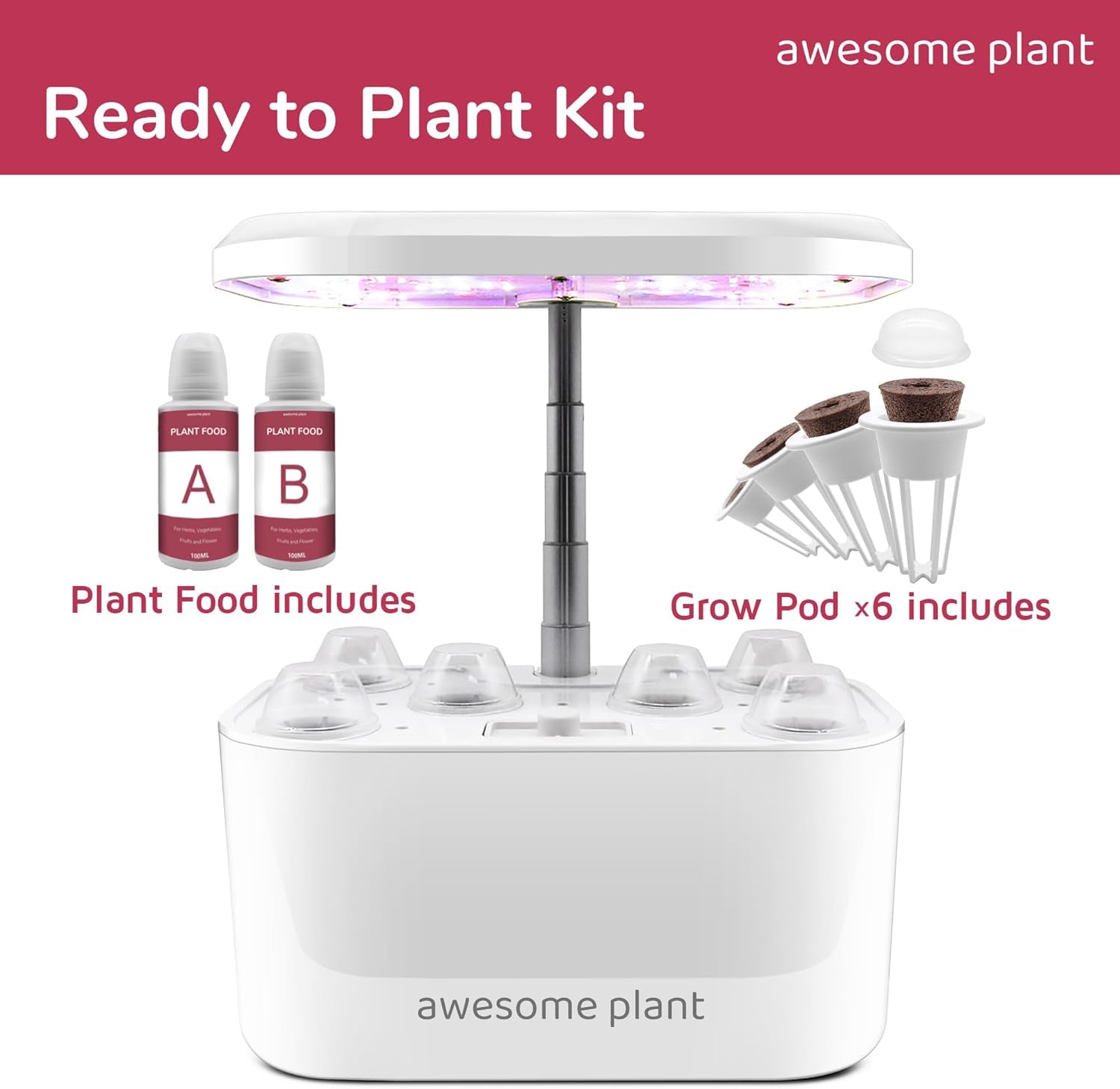 6Pro Kit de sistema de cultivo hidropónico (6 cápsulas), kit de jardinería interior con tanque de agua de 3 litros, 3 modos de cultivo y bomba silenciosa, kit de cultivo de hierbas y ensaladas para el hogar, altura ajustable hasta 33,0 cm, blanco