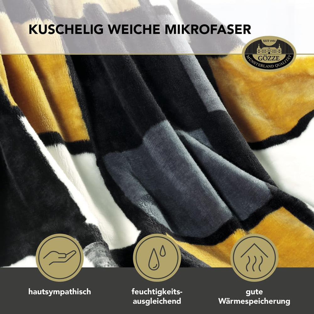 Gözze - Manta suave y cómoda, sensación de cachemira, tejido pesado 500 g/m², Antigua, 150 x 200 cm - Camas y mantas mostaza/negro/blanco Besuche den Gözze-Store