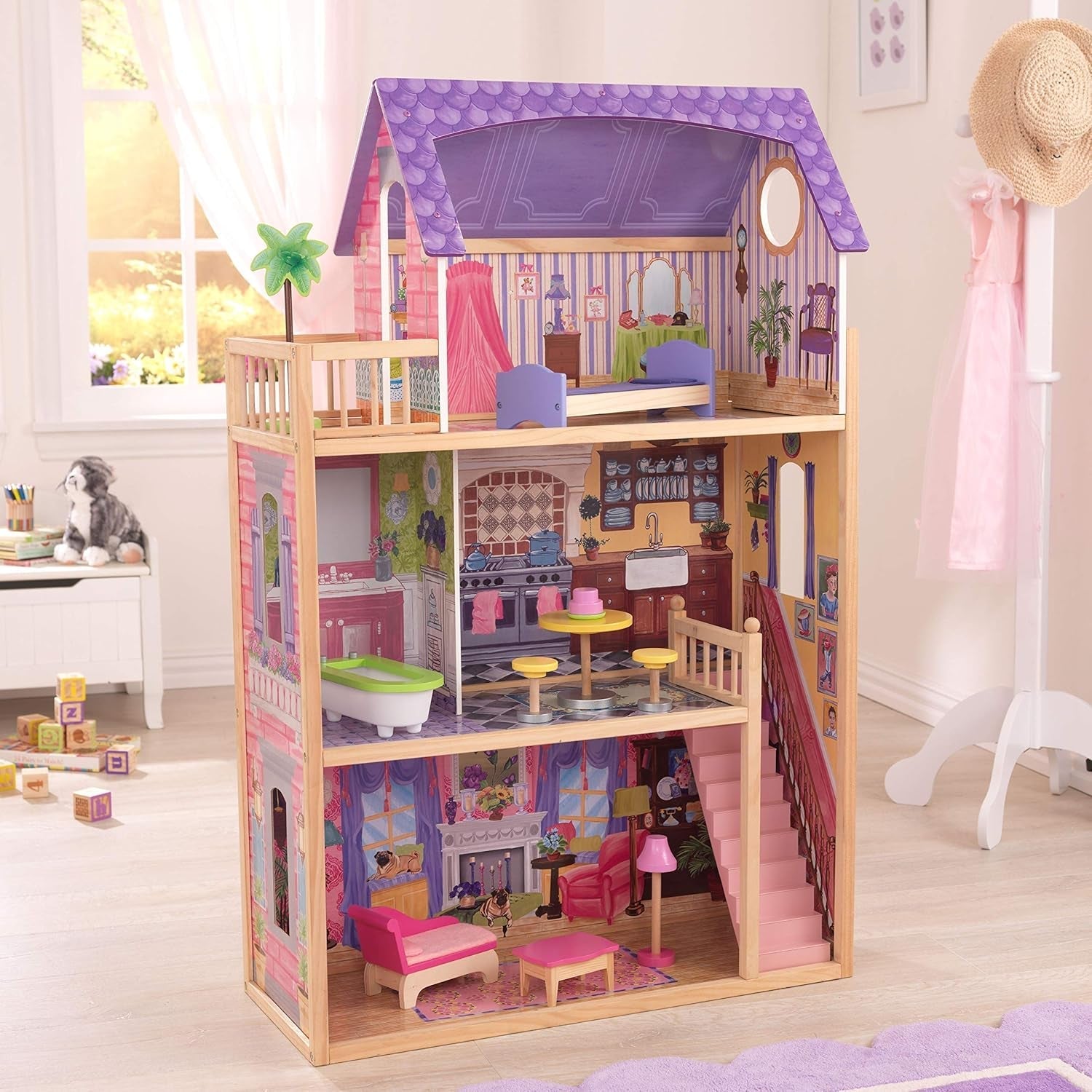 Casa de păpuși din lemn Kidkraft Kayla cu mobilier și accesorii, set de joacă cu 3 niveluri de joc pentru păpuși de 30 cm, jucărie pentru copii de la 3 ani, 65092 - Exclusiv pe Amazon Casute de papusi Naty Shop