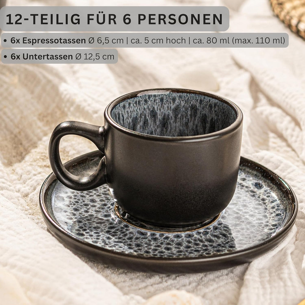 SÄNGER Sydney | Set de 12 căni de espresso din gresie, set de căni Mocha pentru 6 persoane, căni și farfurioare, potrivit pentru mașina de spălat vase și cuptorul cu microunde, gri închis, 80 ml | COLECȚIA VALUE