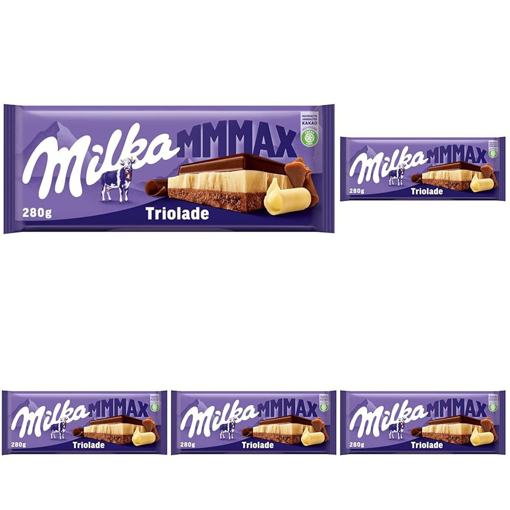 Triolada Milka 1 x 280g | Barra de chocolate grande de triple capa | Chocolate con leche alpino, chocolate blanco y negro | Chocolate Milka de leche 100% alpina | Barras de chocolate (paquete de 5)