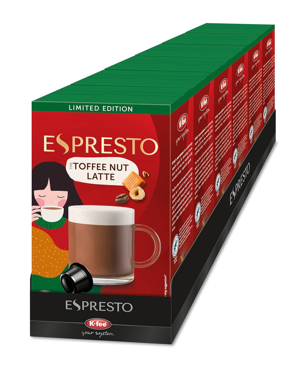 ESPRESTO Toffee Nut Latte, kompatibel mit K-fee & ALDI EXPRESSI*, aromatisierter Milchkaffee, RFA zertifiziert, 96 Kapseln