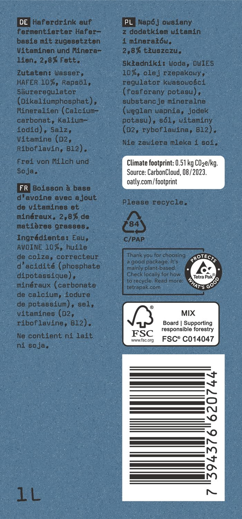 Oatly Haferdrink 2,8% Fett - Paquete con 6 (6 x 1 Litro)