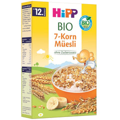 Muesli orgánico HiPP con 7 granos (8 x 200 g), a partir de 12 meses, sin azúcar añadido, trozos extra finos, fácil de masticar, la mejor calidad orgánica
