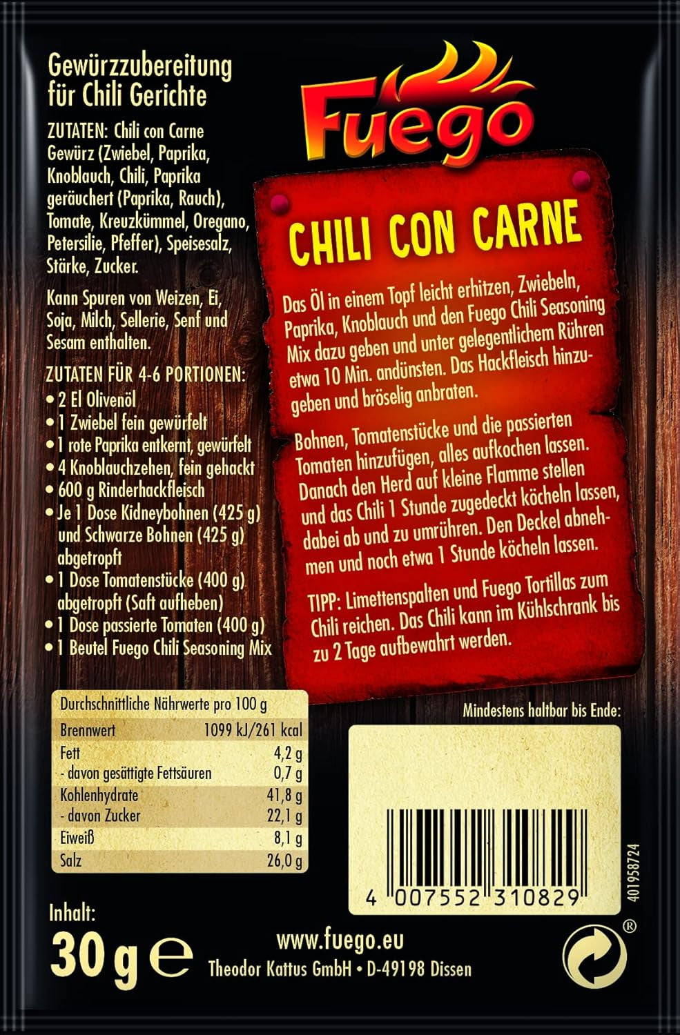 - Mezcla de condimentos para chile con carne | Würzmischung für Chili con Carne, Chili vegetariano sin Carne | Para 4-6 porciones Vegano, ohne Gesmacksverstärker | 30 gramos en bolsa