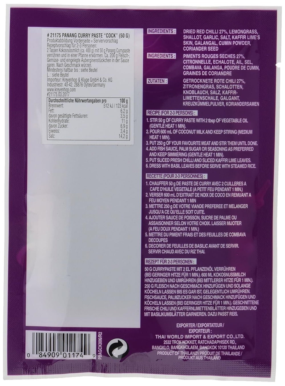 Cock Currypaste Panang, Schärfe medio, auténtica cocina tailandesa, ingredientes naturales, vegano, halal y sin gluten (1 x 50 g)