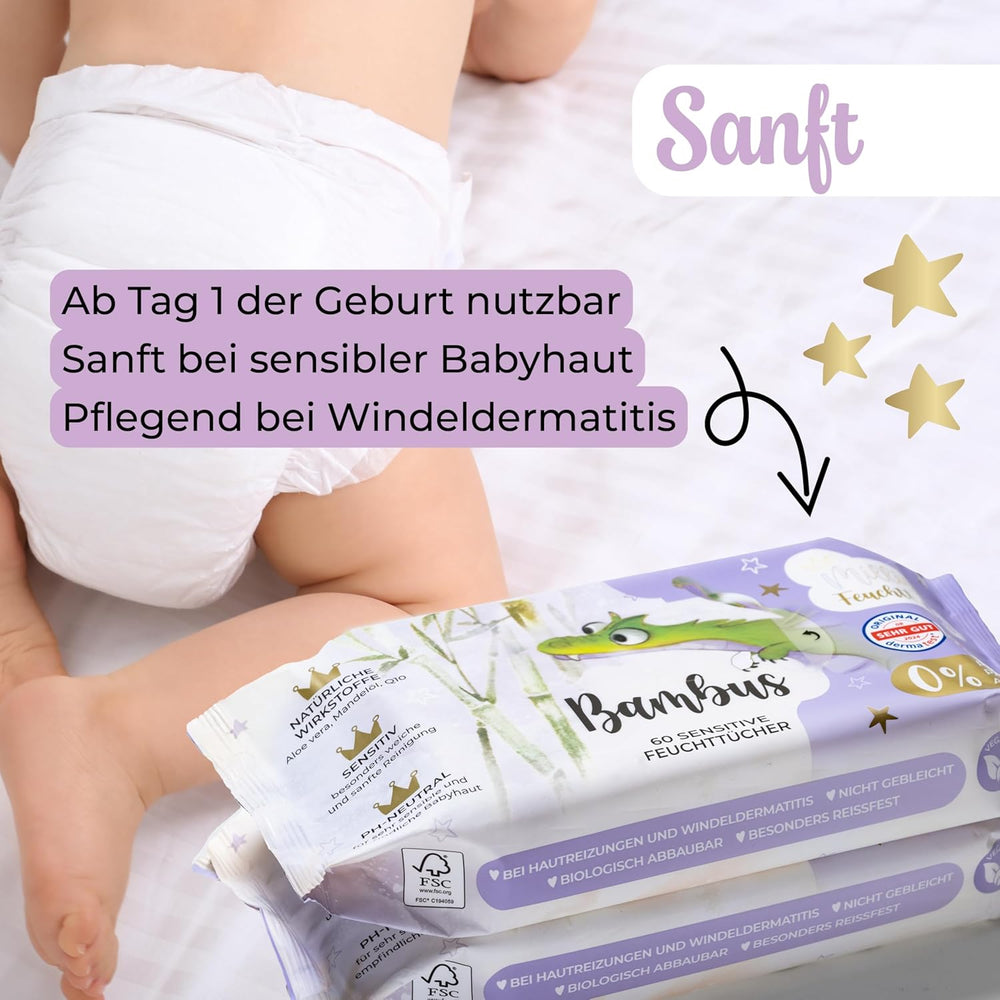 Millis Bamboo Baby Toallitas húmedas sensibles para la delicada piel del bebé - 5 x 60 piezas - Limpieza natural, suave y sostenible - Toallitas húmedas biodegradables, sin plástico y sin alcohol